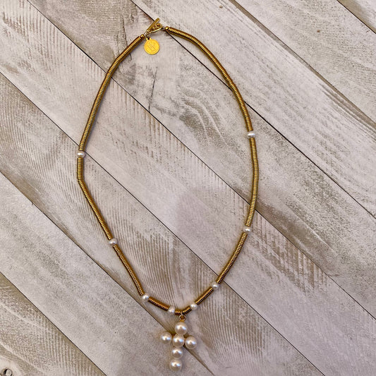 Elegant Gold Electroplated Hematite Discs and Fresh Water Pearls Necklace with a Cross as Pendant