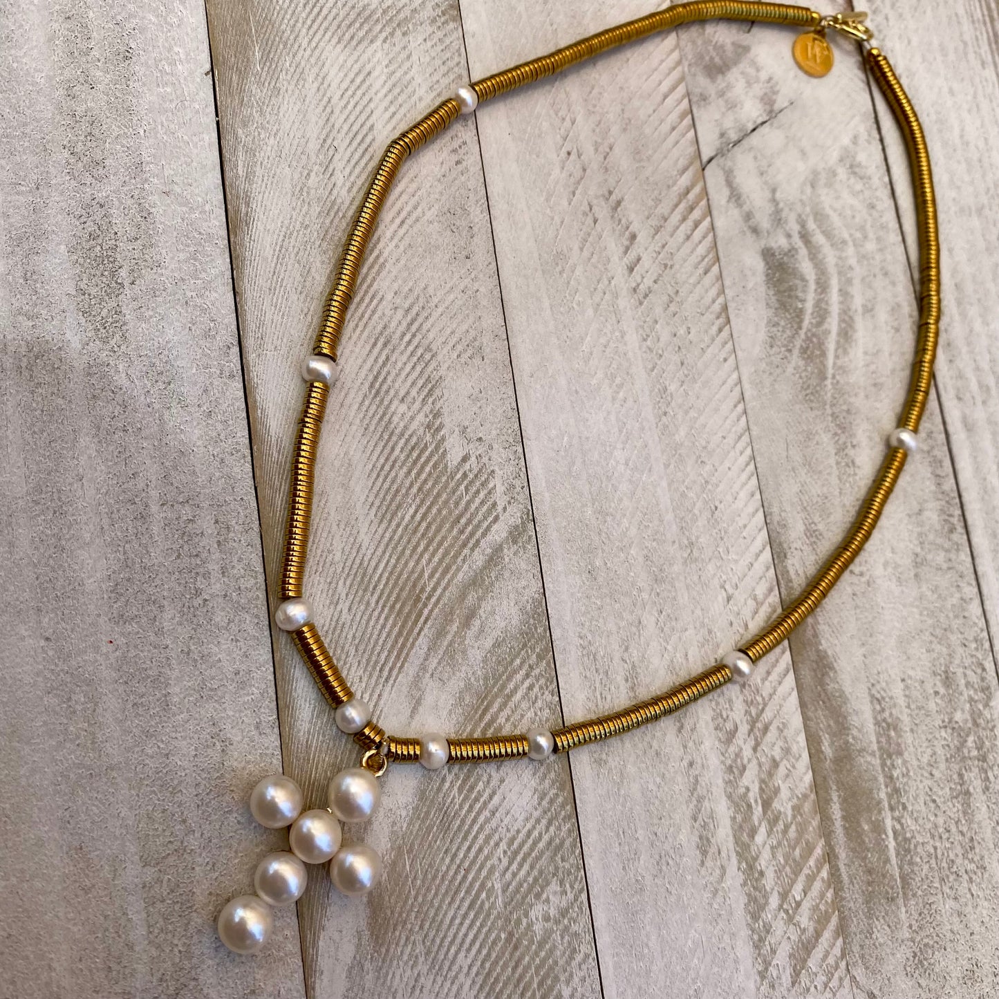 Exquisite Gold Electroplated Hematite Discs and Fresh Water Pearls Necklace with a Cross as Pendant