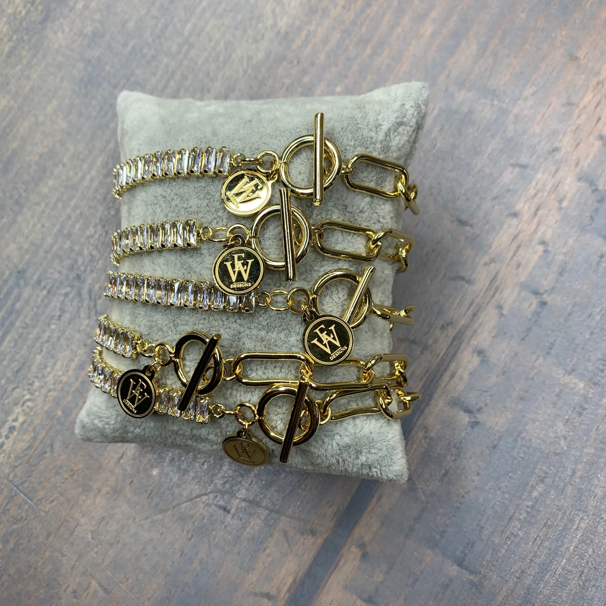 Gold Plated Baguette Cubic Zircon and Paper Clip Chain Bracelet