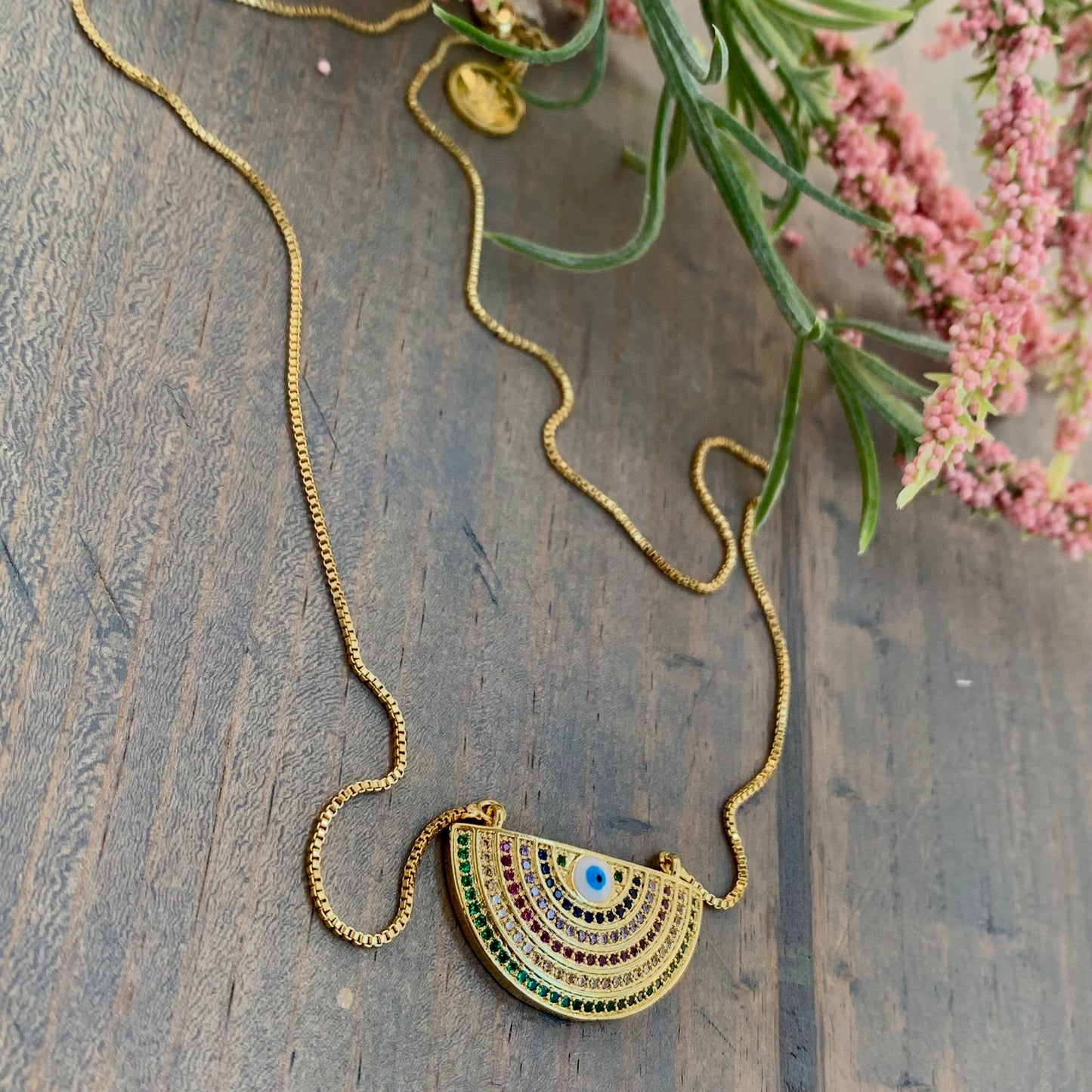 Multicolor Half Moon Evil eye Pendant Necklace | Erika Williner Designs