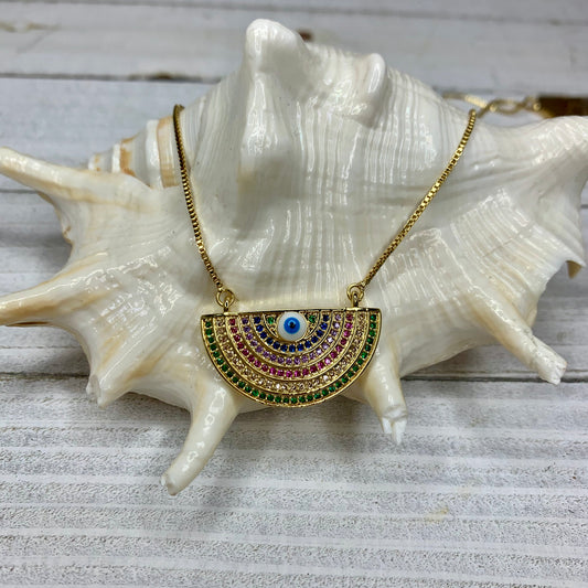 Multicolor Half Moon Evil eye Pendant Necklace | Erika Williner Designs