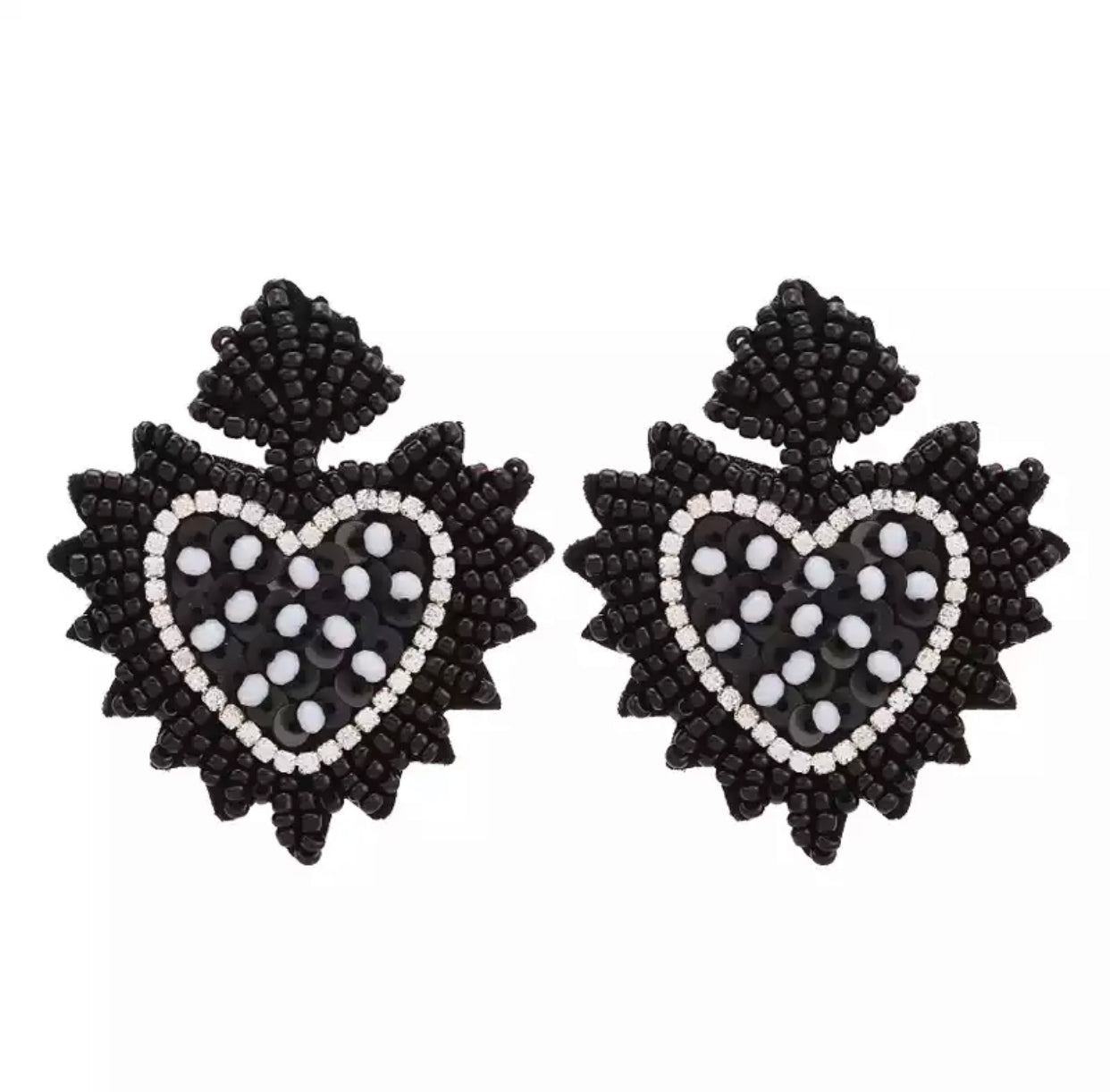 Hand beaded black heart earrings