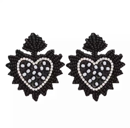 Hand beaded black heart earrings