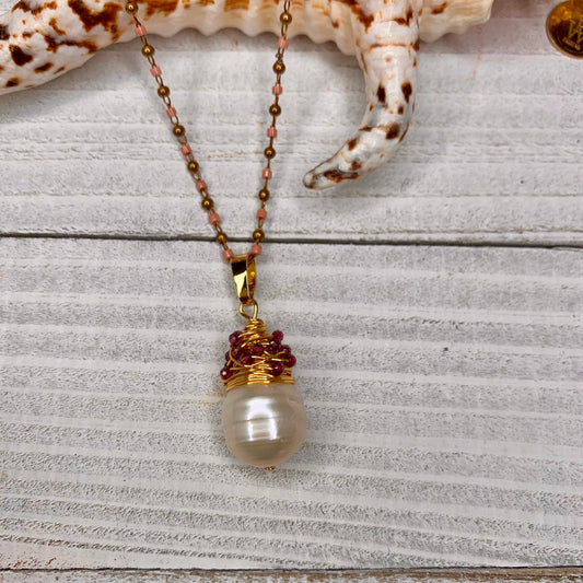 Blush Beads Chain with a Kind Baroque Pearl and wire and wrapped crystals detail necklace