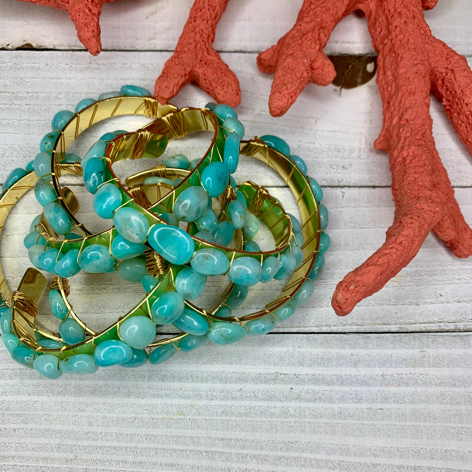 Wire wrapped gemstones (Amazonite) open bangles 