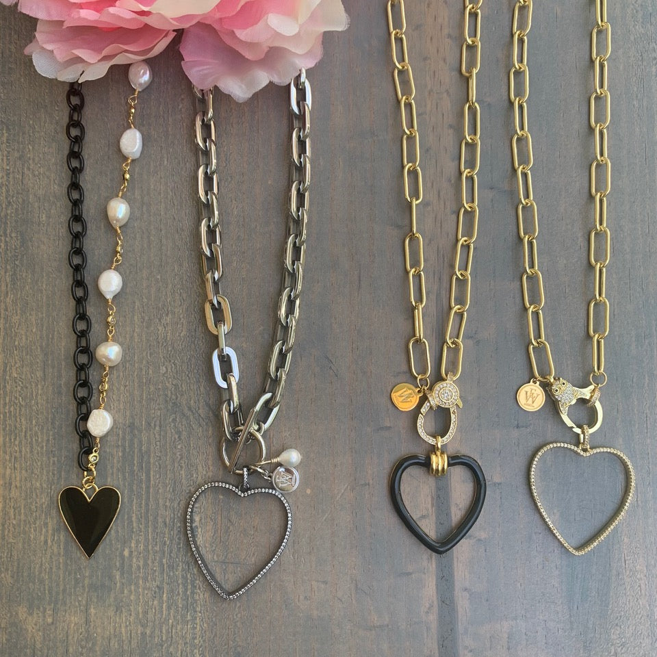 Color Enameled Chain and Fresh Water Pearls with Heart Enameled Pendant 350-11 | Erika Williner Designs