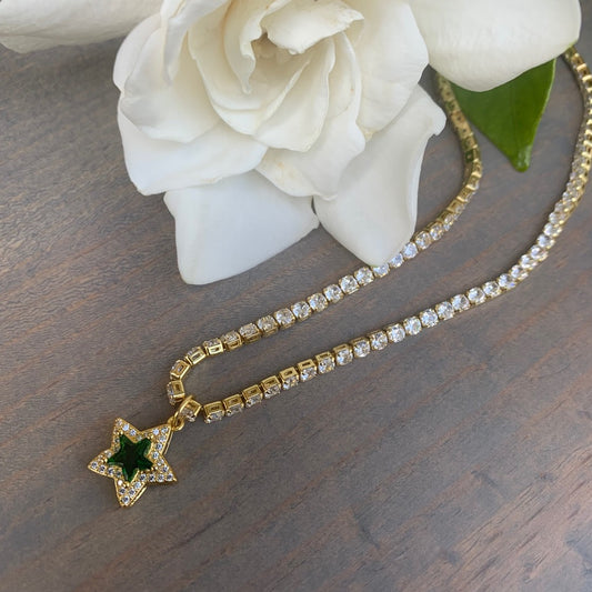 CZ Tennis Necklace with a Sparkling Green Star Pendant