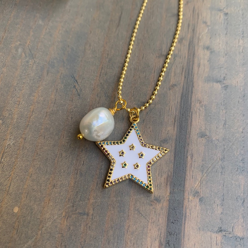 Gold Plated Necklace with a Star Pendant a Delicate Fresh Water Pearl