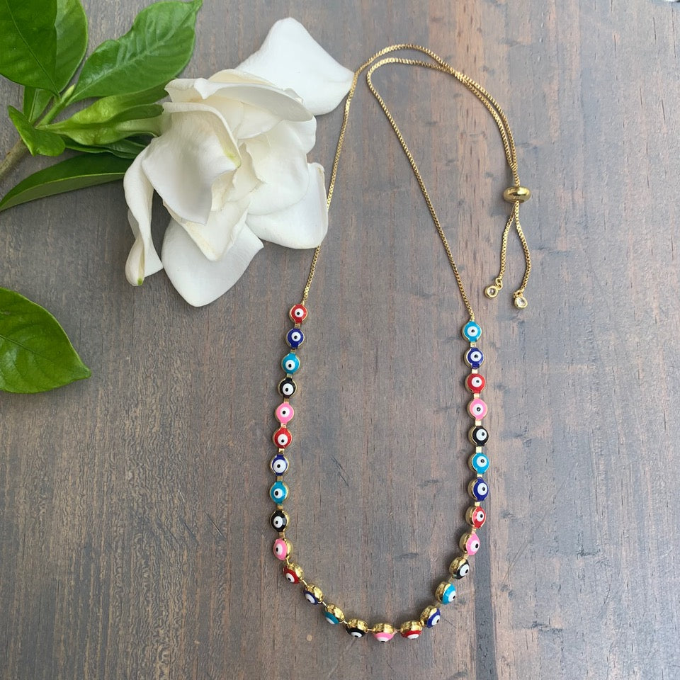 Gold Plated Multi Enamel Evil Eye ajustable necklace