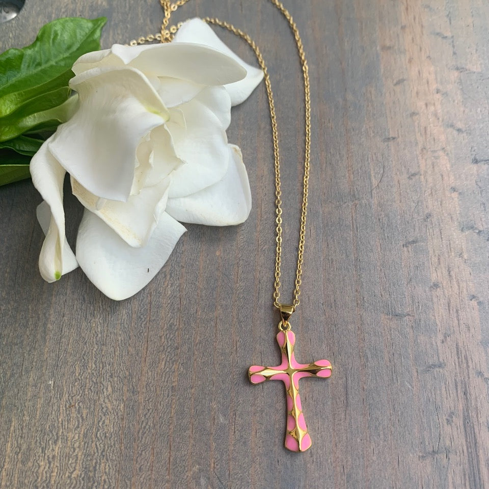 Gold Plated Chain with Pink Enamel Cross Pendant