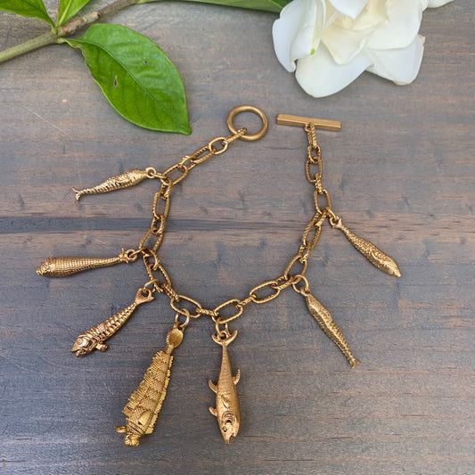 Gold Plated Bracelet with Diverse Fish Pendants