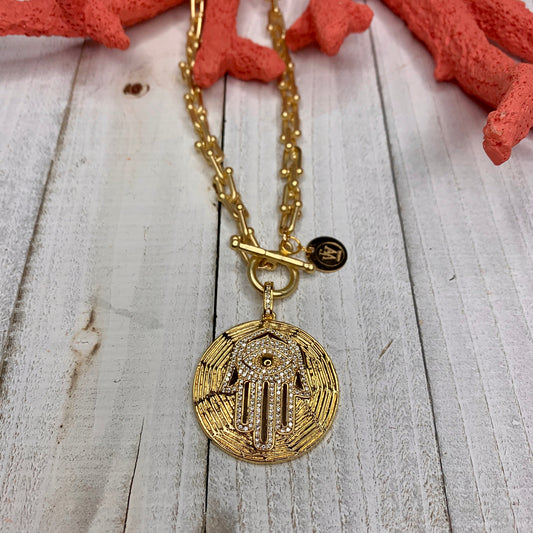 Tiffany's Style Chain in Sanded Gold Necklace with Hand of Fatima Pendant 300-26 | Erika Williner Designs
