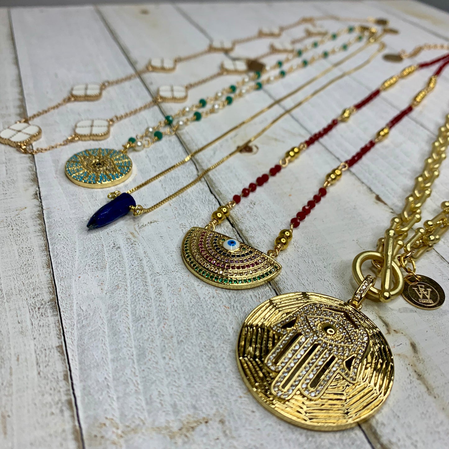 Tiffany's Style Chain in Sanded Gold Necklace with Hand of Fatima Pendant 300-26 | Erika Williner Designs