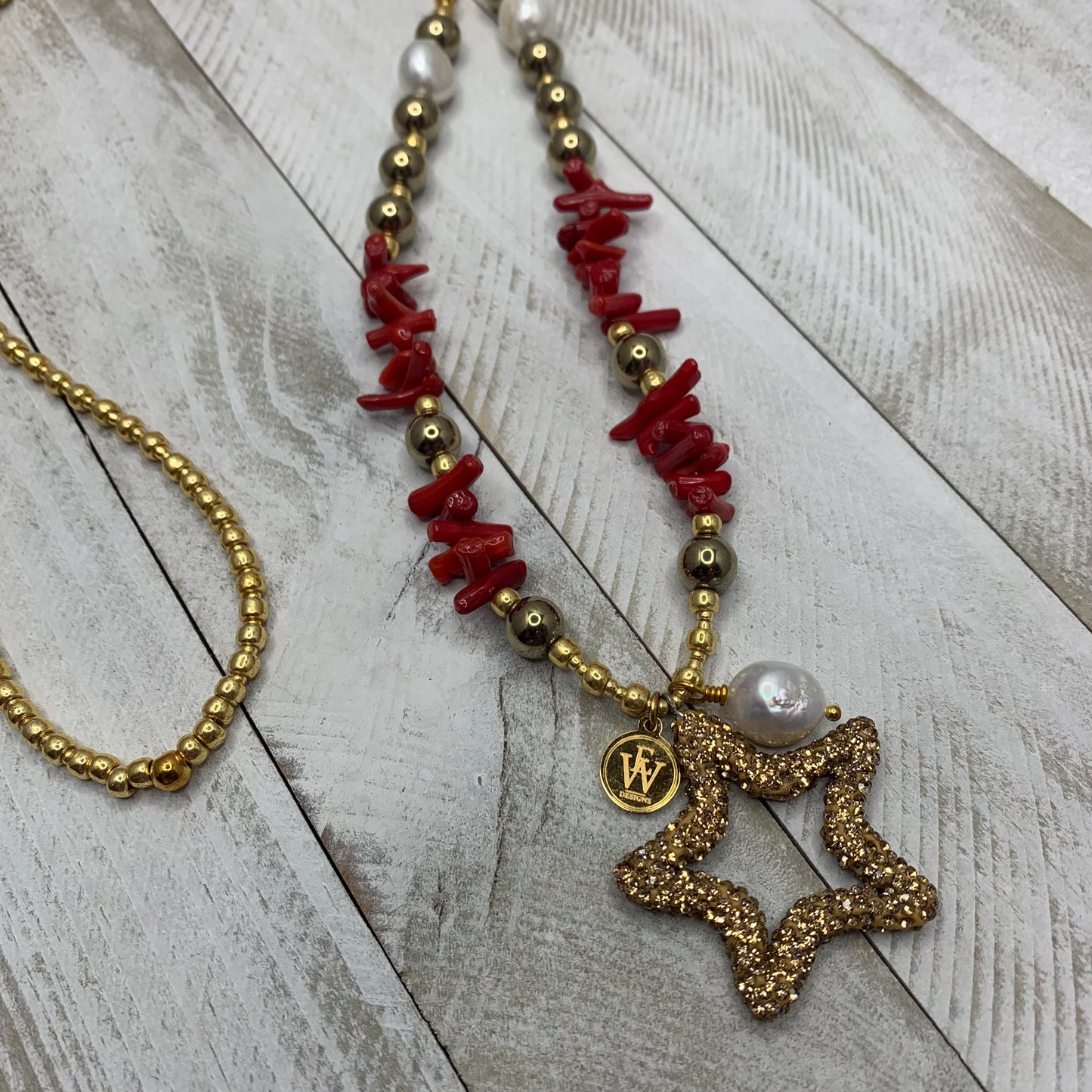 Fun Glass Seed Beads Combined with Coral Chips, Fresh Water Pearl, Electroplated Hematite beads Necklace and a Star Pendant