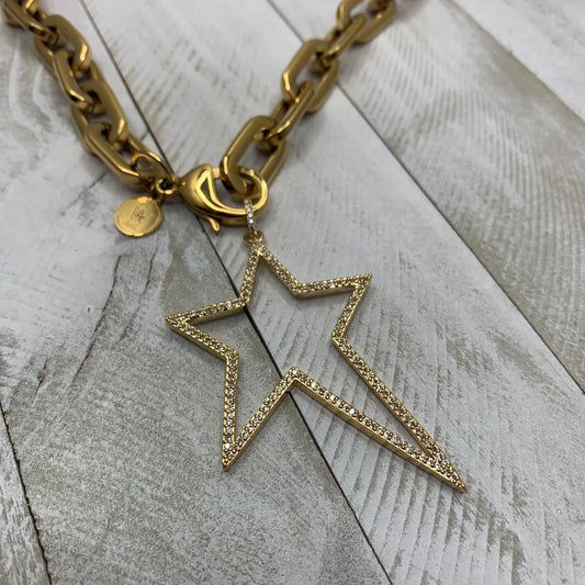 Chunky Stainless Chain Necklace with Star Pendant Embellished with Pave Crystals