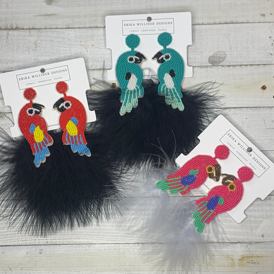 displaying 3 different parrot earrings with wood overlay