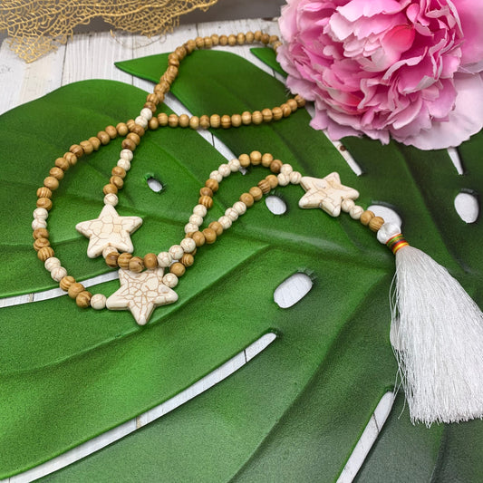 Wood Beads with Magnesite Round and Stars Beads Necklace with a Cotton Tassel