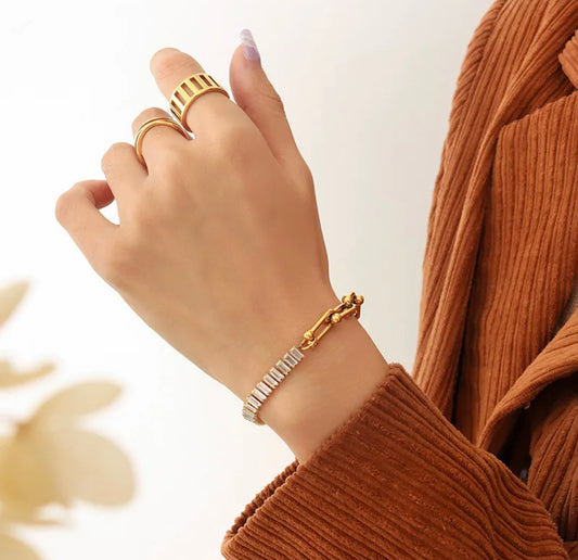 Gold Stainless Steel Tiffany Style Links and Baguette Zircon Bracelet