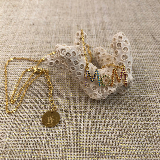 Golden Chain with a multicolor cz pave embellished Mom pendant