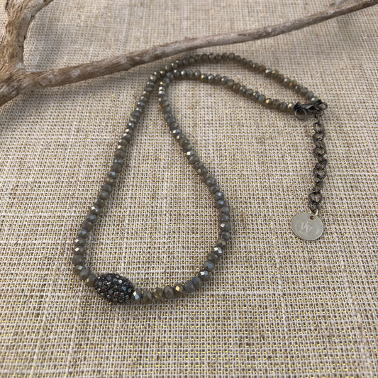 Fine Silver Crystals Necklace with an oblong pave embellished beads in the center