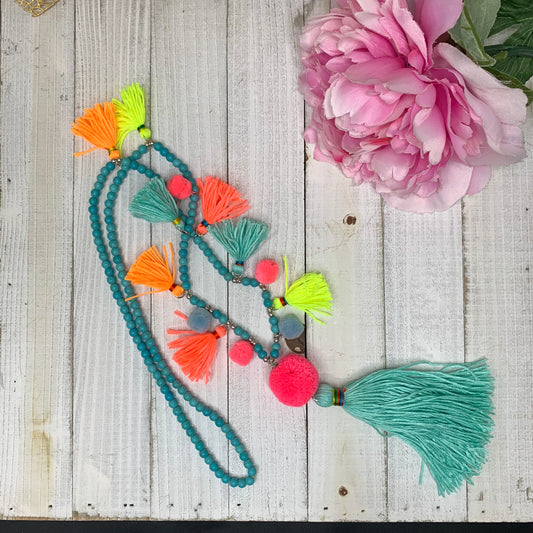 Turquoise Beaded Multicolor Neon Tassel Necklace 30" | Erika Williner Designs