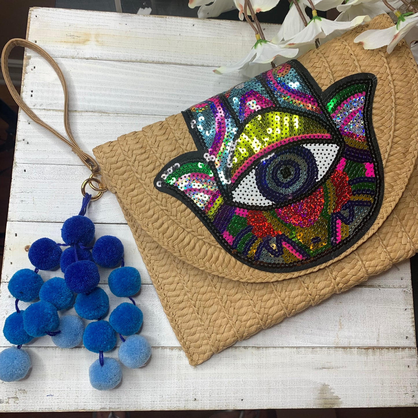 Hamsa Evil Eye Straw Clutch