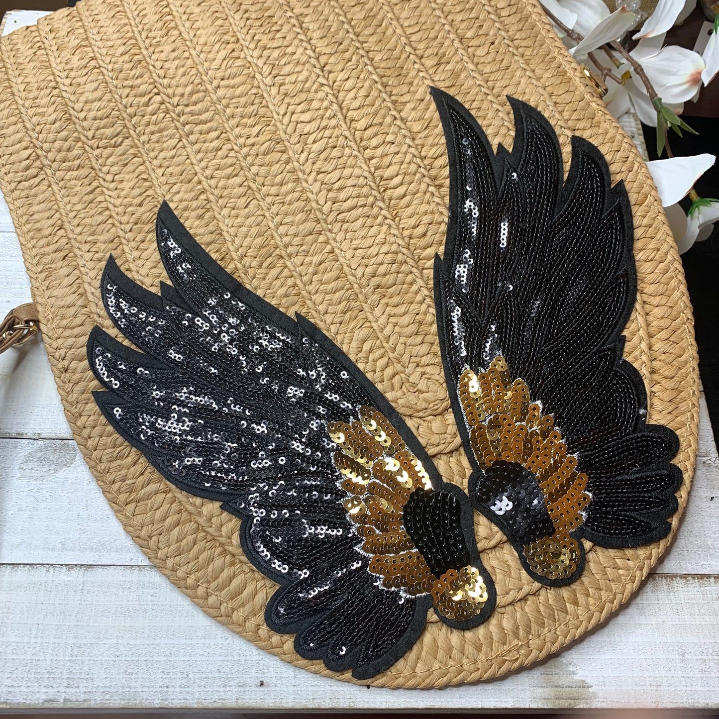 Black Wings Straw Clutch