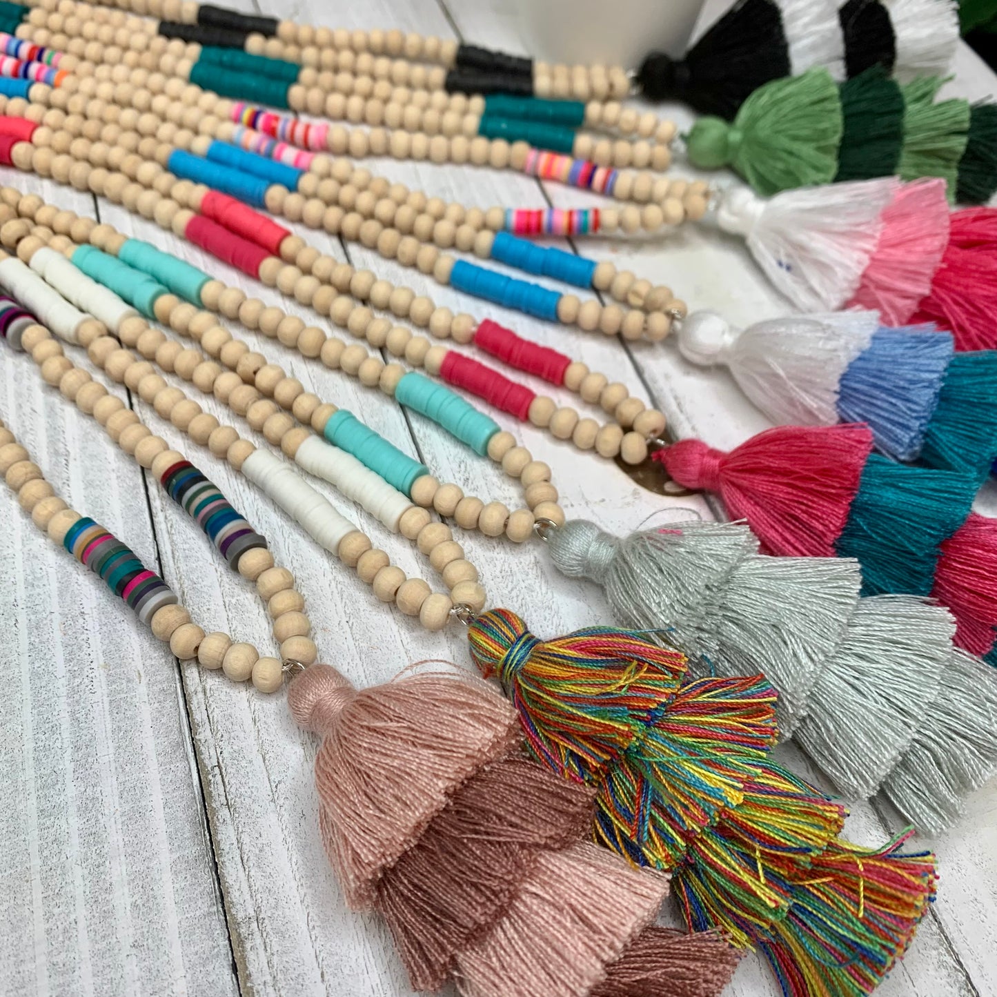 Wooden Beads, Colorful Beads with Cotton Tassel Necklace