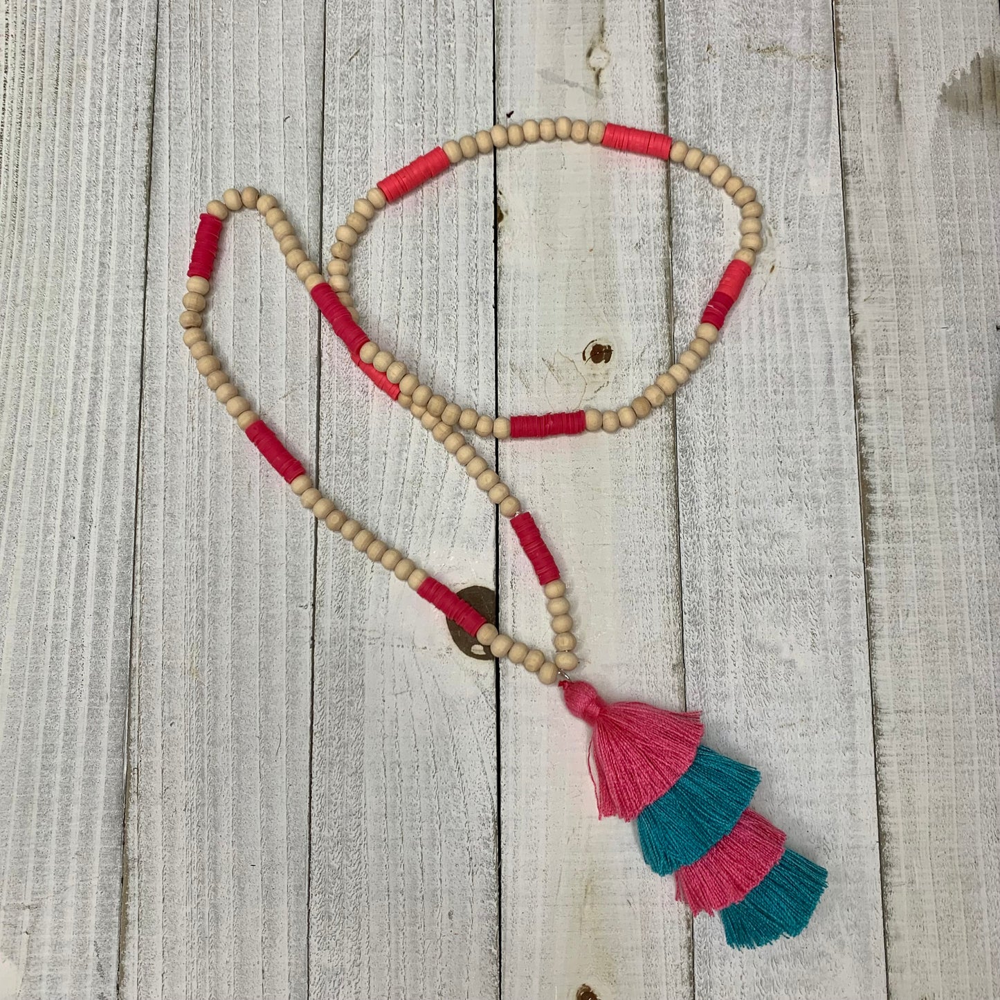 Pink and Turquoise for this Cotton Tassel Necklace