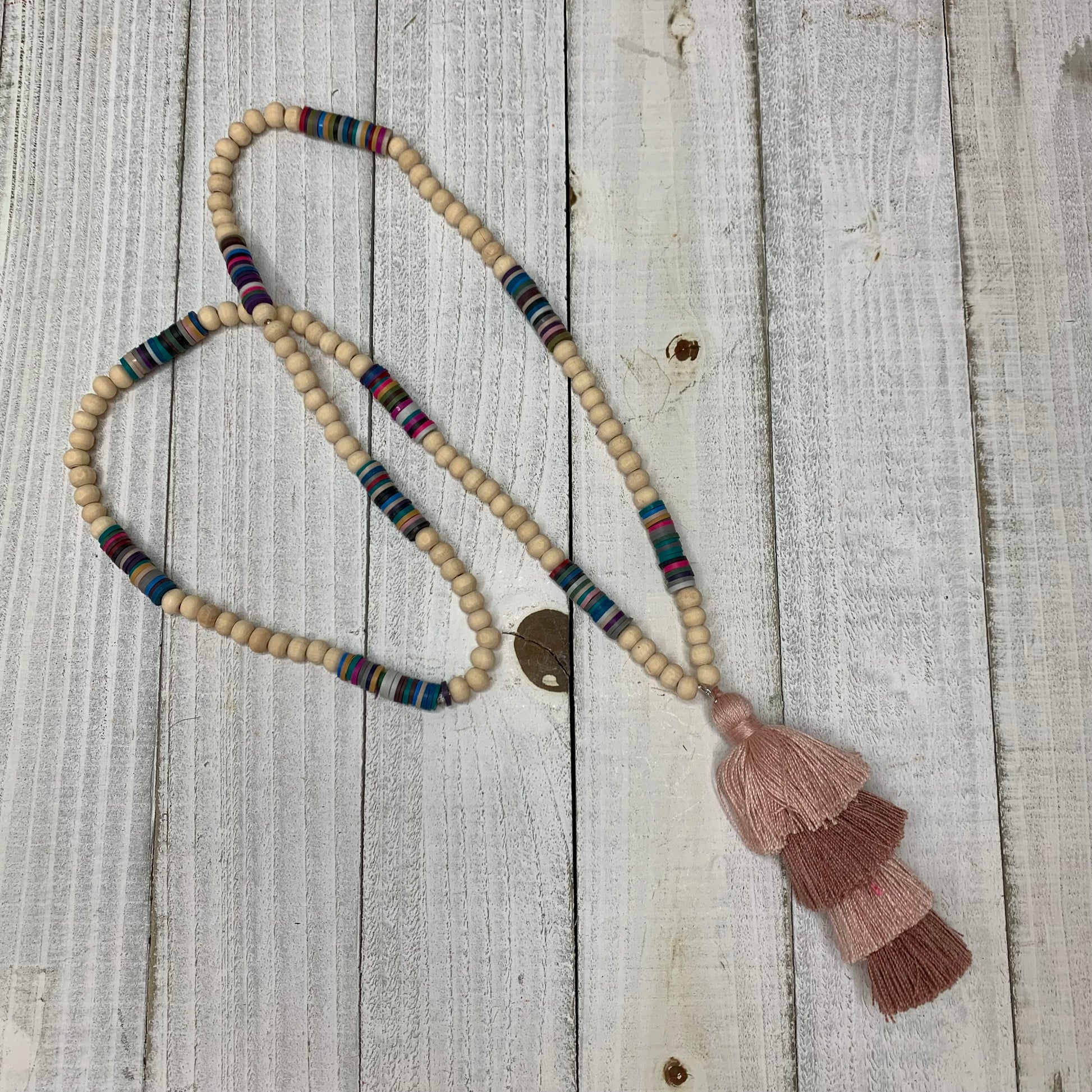 Colorful Doughnut Beads with a Cotton Tassel Necklace