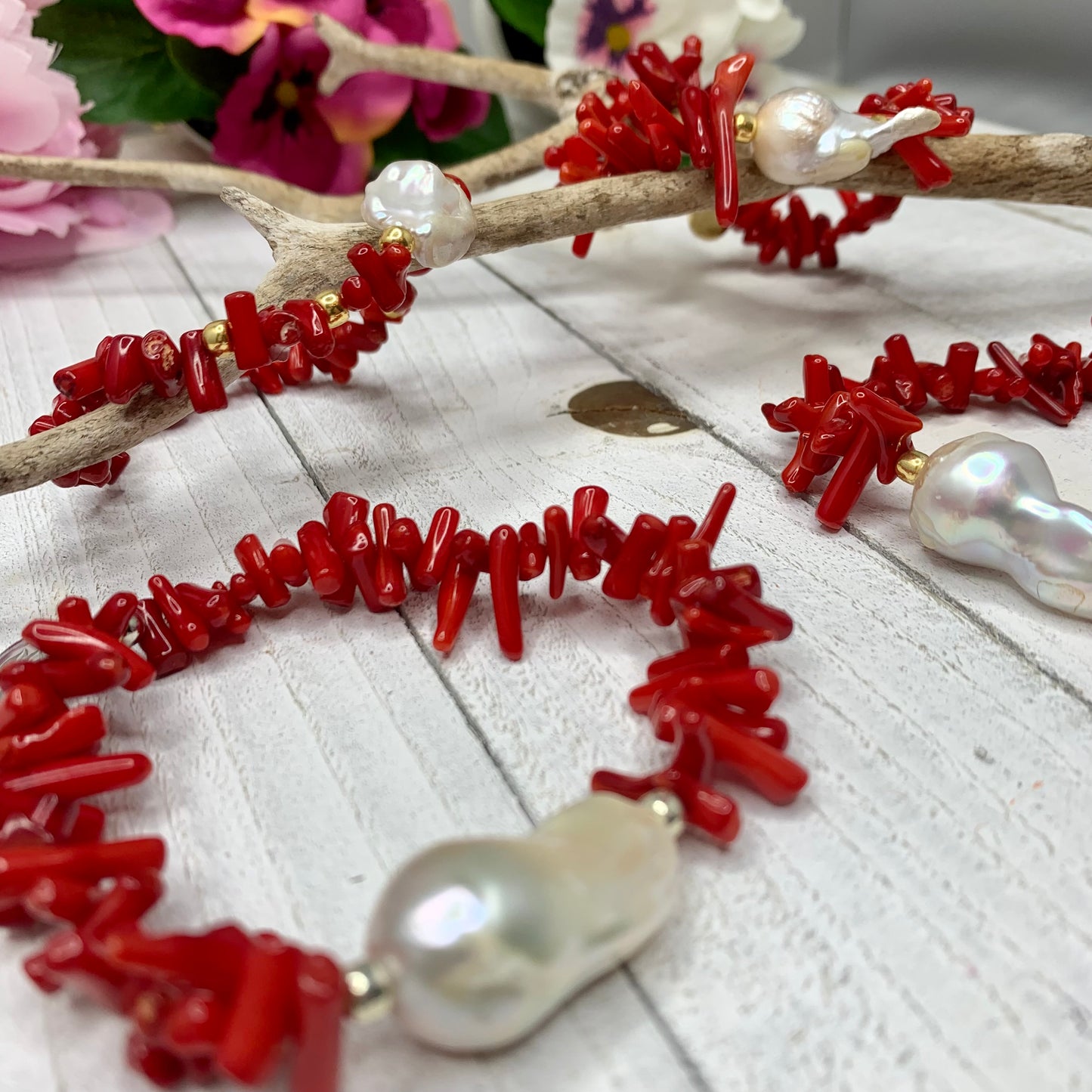 Red Coral and Baroque Pearl (Erika Bracelet) 413-18 | Erika Williner Designs