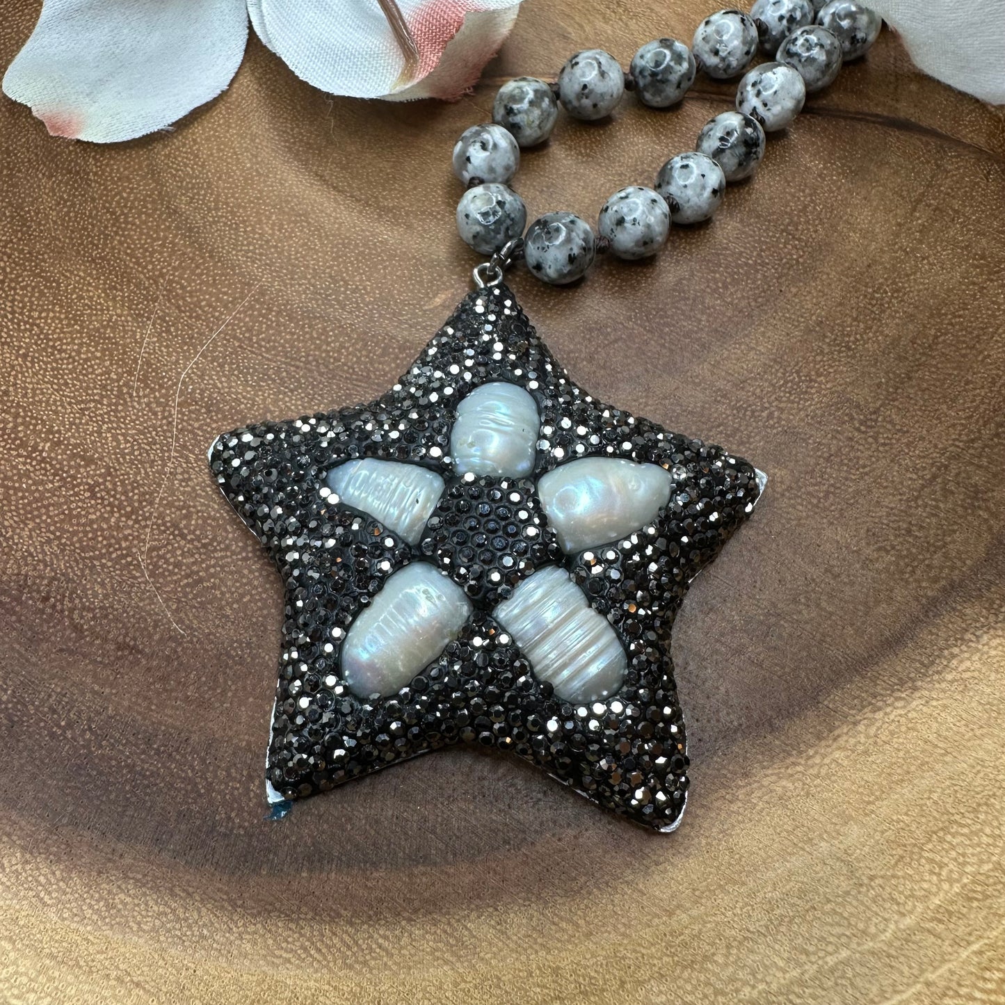 Hand Knotted Jasper Beads with Pave Embellished Star Pendant and Real Fresh Water Pearls