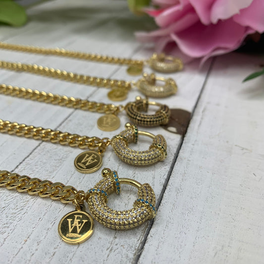 Gold Plated Cuban Link Chain with a Turquoise Pave Embellished Clasp