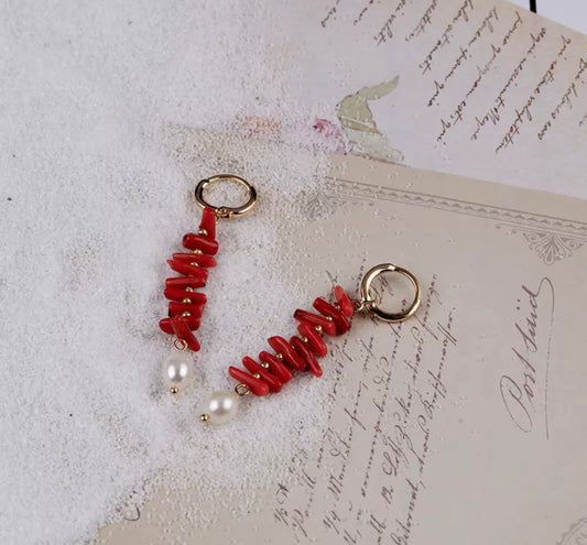 Gold Plated Open Hoop with Red Coral Chip Earrings