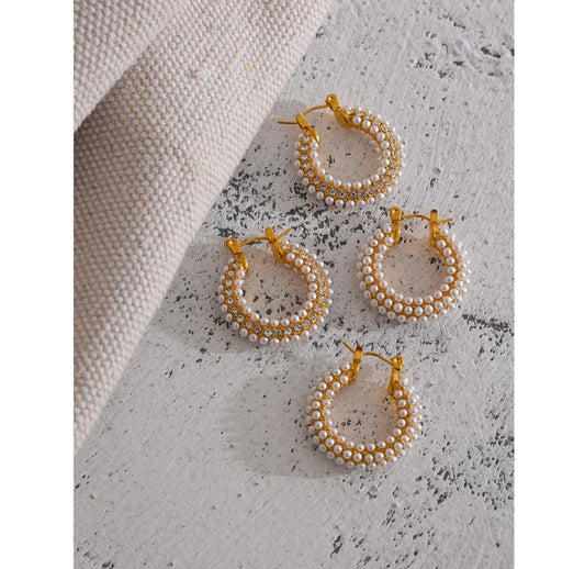 Stainless Steel Pearls with Sparkly CZ Embellishment Hoops Earrings