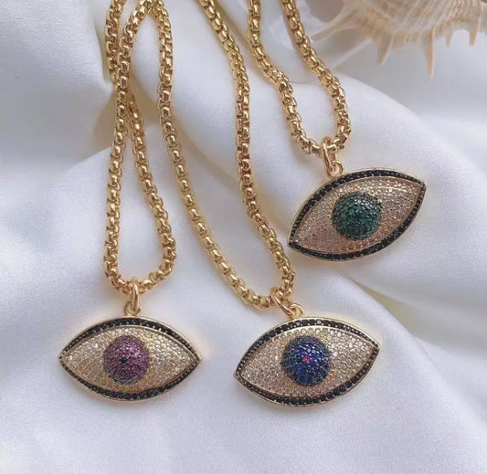 Necklace with a Evil Eye Pave Embellished Pendant