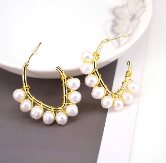 Elegant Fresh Water Pearls and Gold Plated Brass Earrings