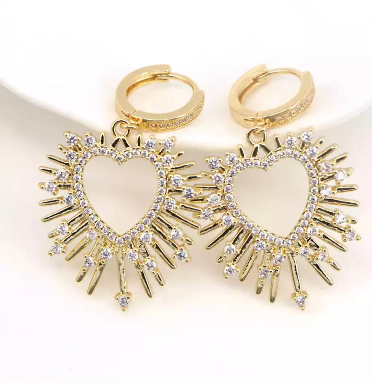 Gold Small Hoops with Pave Embellished and Blasting Heart with CZ