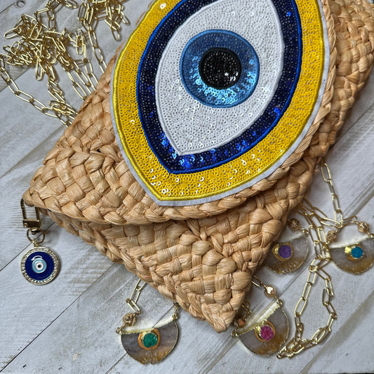 Evil Eye Sequin Straw Clutch