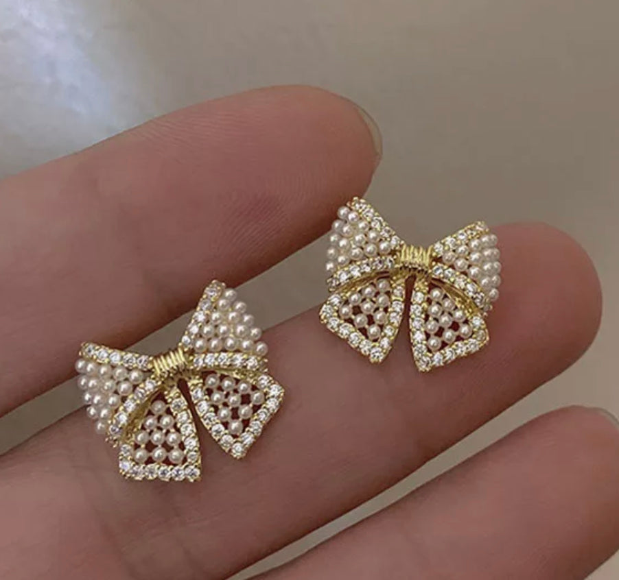 Cute Classic Bows with Pearls and CZ Embellishment