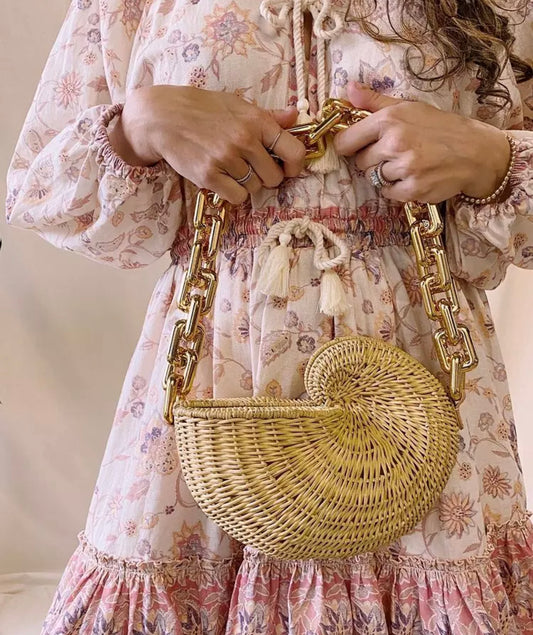 Tan Rattan Purse with acrylic chain link