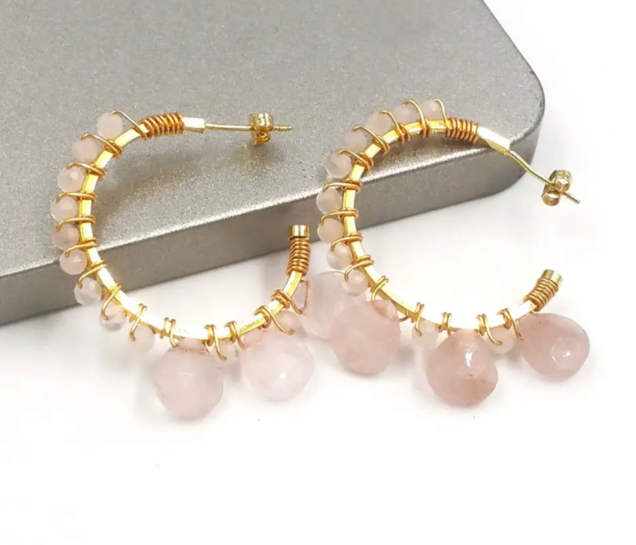 Stainless steel Hoops with Faceted Pink Quartz and Teardrop Gemstones