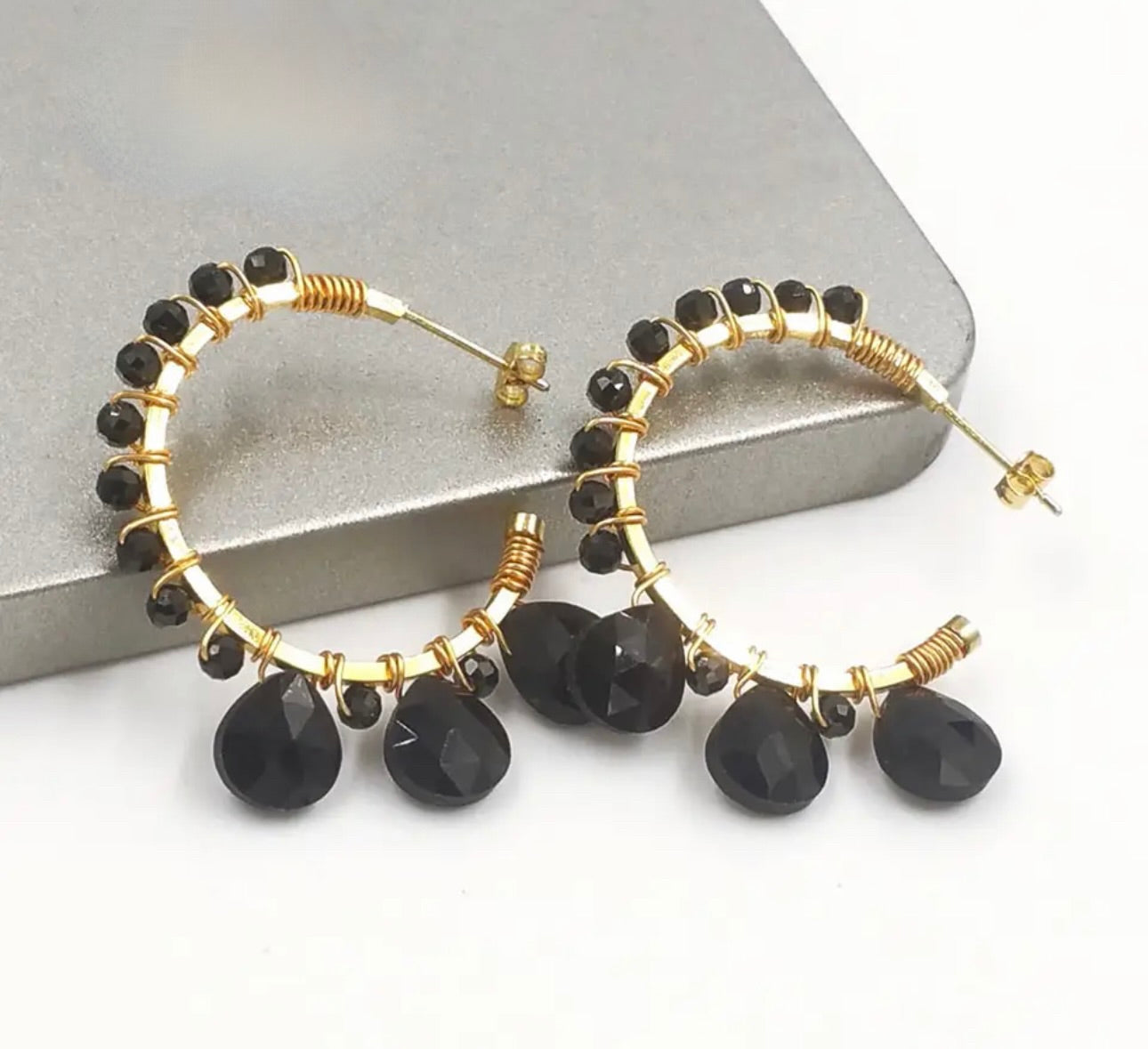 Stainless steel Hoops with Faceted Onyx and Teardrop Gemstones