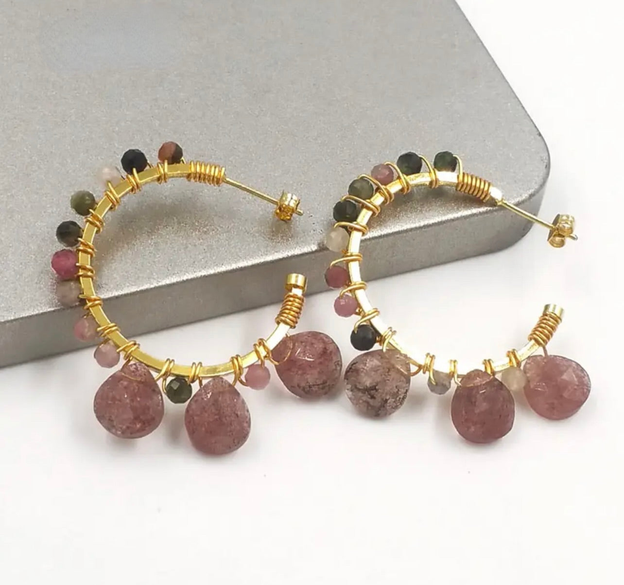 Stainless steel Hoops with Faceted Tourmaline and Teardrop Gemstones