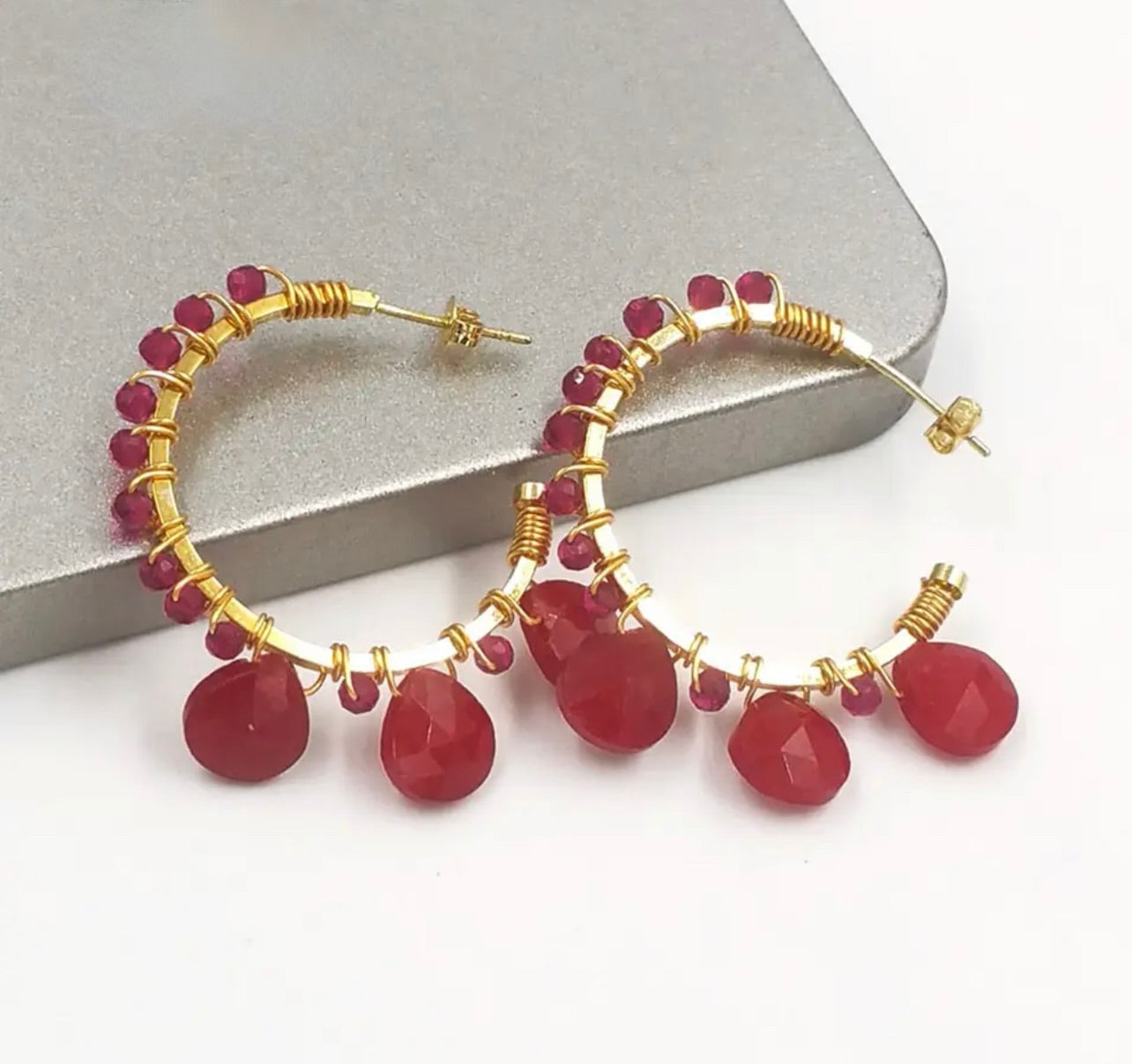 Stainless steel Hoops with Faceted Red Agate and Teardrop Gemstones