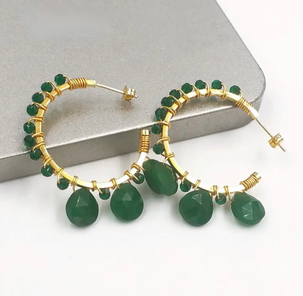 Stainless steel Hoops with Faceted Green Agate and Teardrop Gemstones
