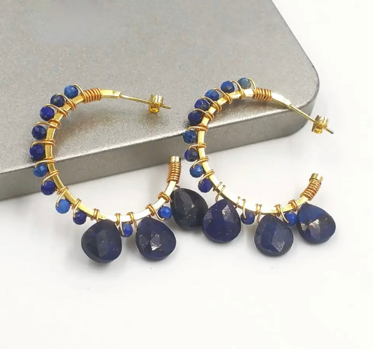 Stainless steel Hoops with Faceted Lapis and Teardrop Gemstones