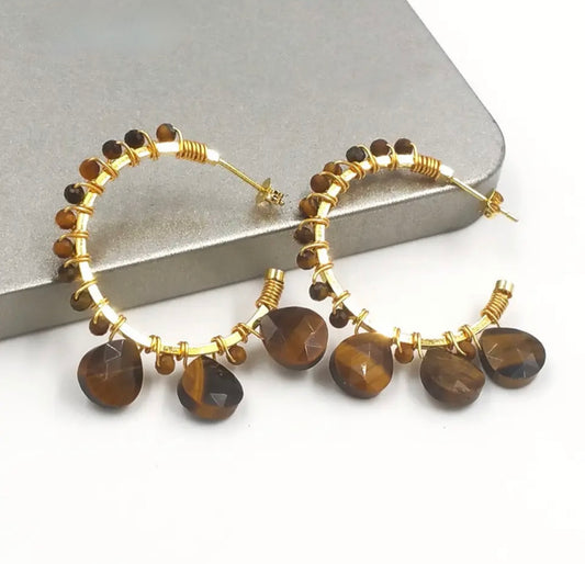 Stainless steel Hoops with Faceted Tiger Eye and Teardrop Gemstones