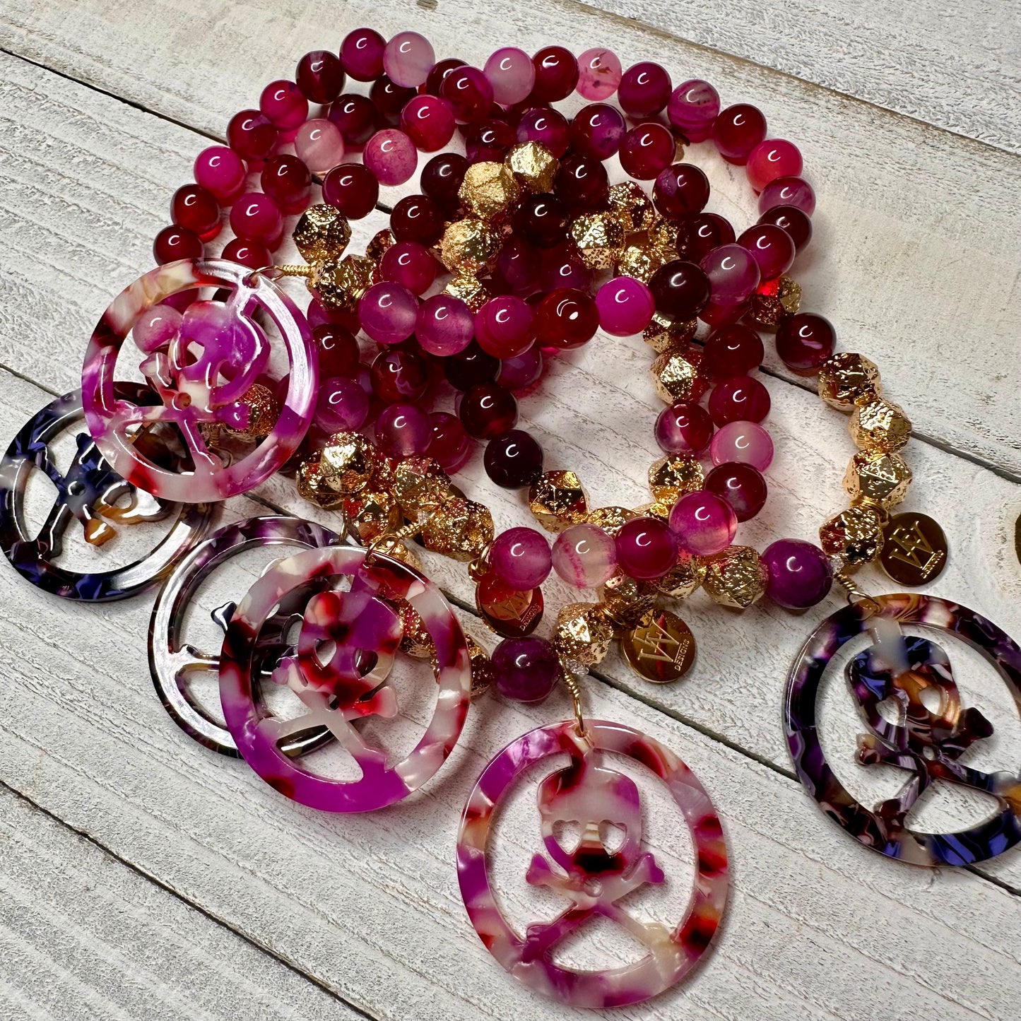 Gold Plated Hematite Beads, Hot Pink Agate Beads, Acetate Crossed Bones and Skull Charm Bracelets