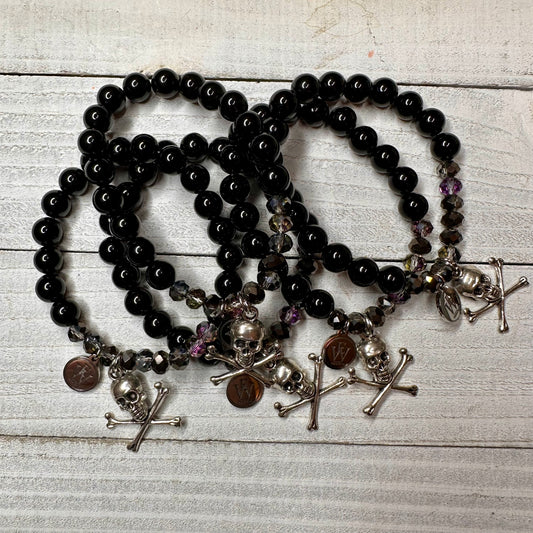 6mm Zebra Agate Beads and Crystals Bracelet with a Metal Skull Charm